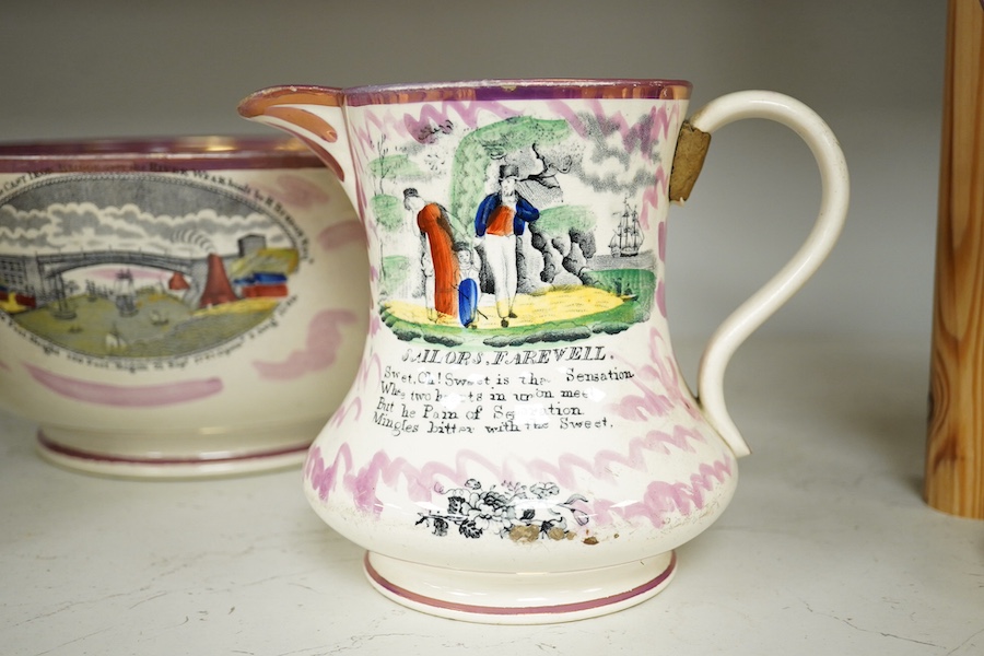 Three pieces of 19th century lustre pottery including a bowl and two jugs, all decorated with views of the Iron Bridge and shipping on the River Wear. Condition - poor to fair, some damage and a large chip to one of the